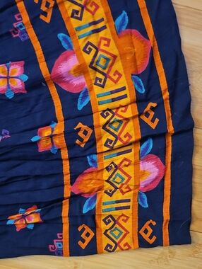Navy Floral Tiered Midi Dress with Bright Orange-Pink Flowers